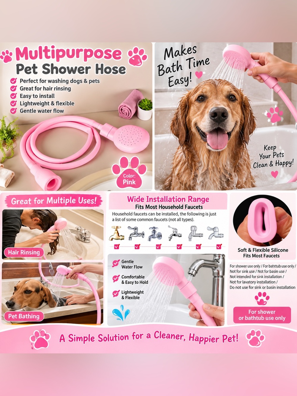 Pink Pet Dog Shower Sprayer Hose Portable Bath Rinse Attachment NEW
